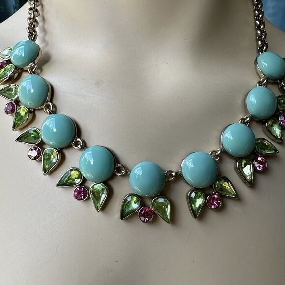 VTG Necklace 19" Mythologie Crystals Floral‎ Rhinestones Teal Green Pink NWT - Picture 5 of 10